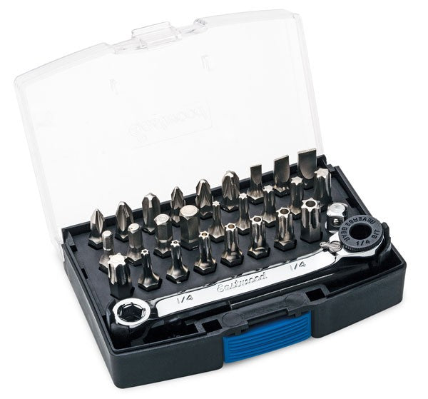 Eastwood 29 piece ratchetting bit set , hex, phillips, pozi, slotted, torx and tamper torx fasteners with a reversible ratcheting action and simple on-off engagement of bits from PPC Co Australia
