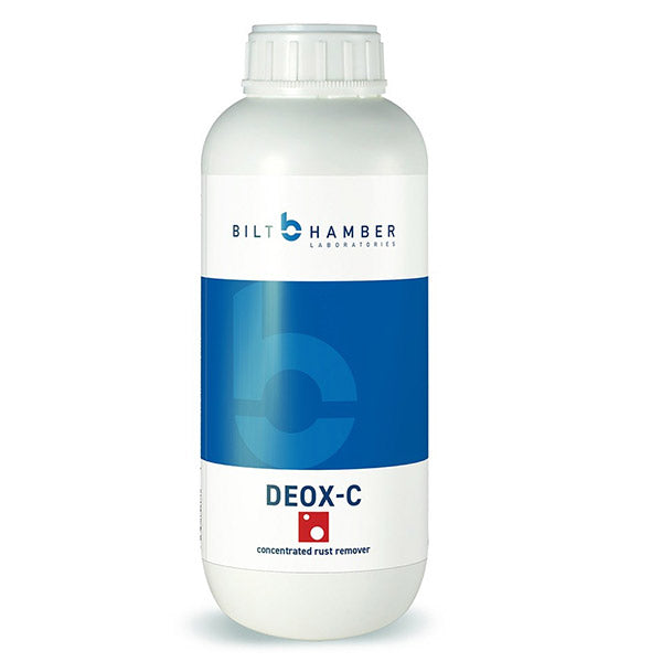 Bilt Hamber Deox-C concentrated rust remover 1 litre, mix in a back 19 litres to 1 kilo, soak all rusted items to original metal finish. PPC Co Australia